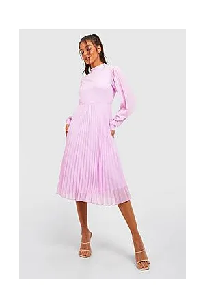 Boohoo Pleated High Neck Blouson Sleeve Midi Dress
