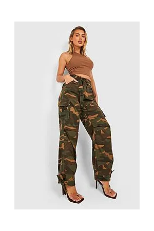 Boohoo Belted Dark Camo Tie Hem Baggy Cargo Trousers
