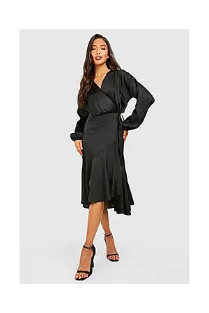 Boohoo Satin Wrap Ruffle Long Sleeve Midi Dress