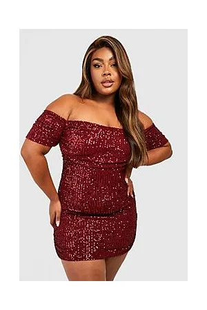 Boohoo Plus Sequin Ruched Off Shoulder Mini Dress