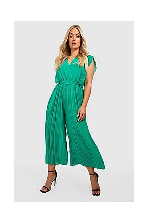 Boohoo Plus Pleated Frill Sleeve Tie Waist Culotte Jumpsuit