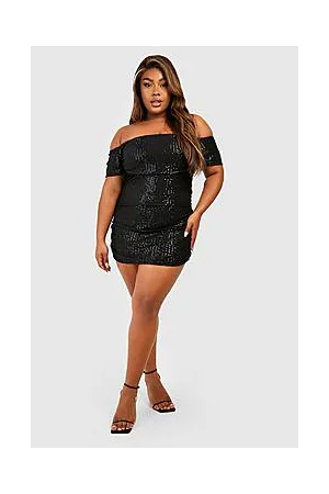 Boohoo Plus Sequin Ruched Off Shoulder Mini Dress