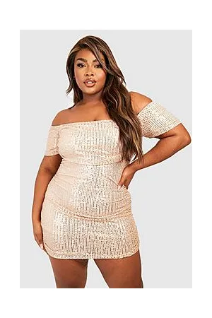 Boohoo Plus Sequin Ruched Off Shoulder Mini Dress