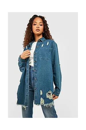 Boohoo Vintage Wash Distressed Roll Sleeve Denim Shirt