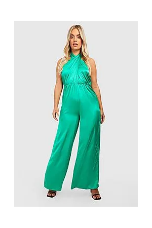 Boohoo Plus Satin Halterneck Twist Wide Leg Jumpsuit