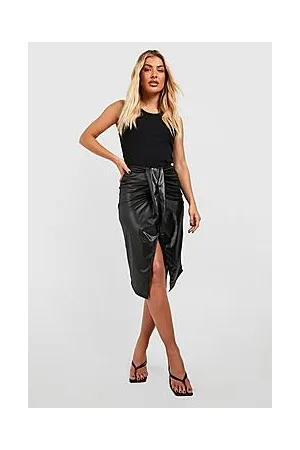 Boohoo Leather Look Drape Split Front Midi Skirt