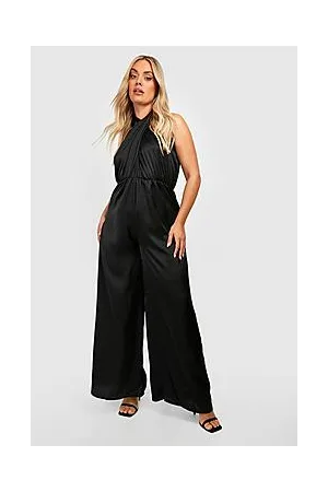 Boohoo Plus Satin Halterneck Twist Wide Leg Jumpsuit