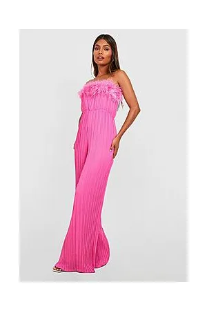 Boohoo Pleated Feather Trim Wide Leg Jumpsuit