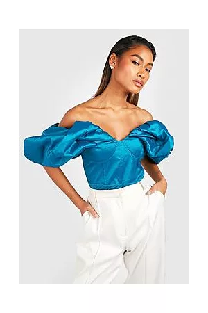 Boohoo Bardot Taffeta Volume Sleeve Bodysuit