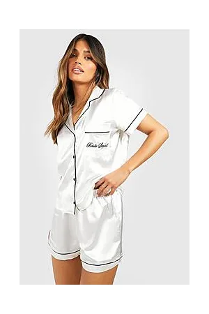 Boohoo Bride Squad Embroidered Satin Short Set