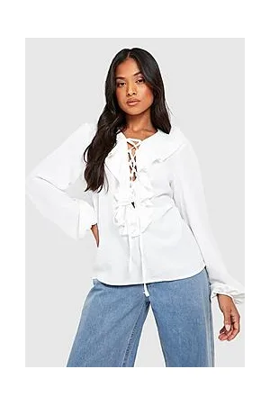 Boohoo Petite Woven Lace Up Ruffle Blouse