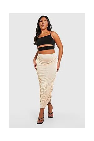 Boohoo Plus Acetate Slinky Ruched Midi Skirt