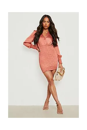 Boohoo Petite Satin Shirred Wrap Dress
