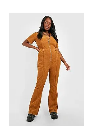 Boohoo Plus Cord Zip Up Flared Jumpsuit