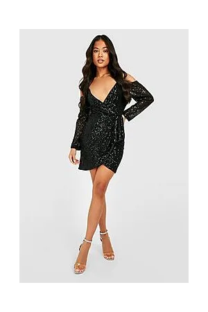 Boohoo Petite Sequin Cold Shoulder Drape Wrap Dress