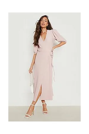 Boohoo Crinkle Puff Sleeve Wrap Midaxi Dress