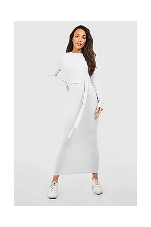Boohoo Tall Crew Neck Soft Belted Longsleeve Midi Dress