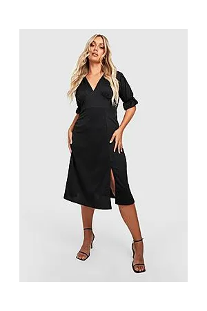Boohoo Plus Puff Sleeve V Neck Midi Skater Dress