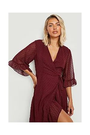 Boohoo Dobby Chiffon Wide Sleeve Midi Wrap Dress