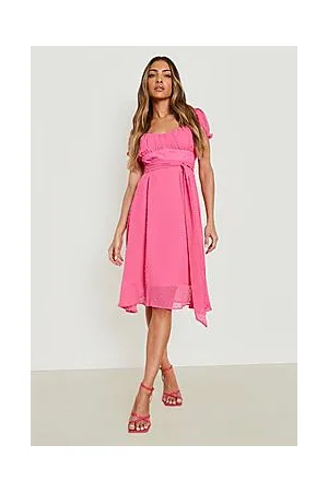 Boohoo Dobby Off The Shoulder Tie Back Midi Dress