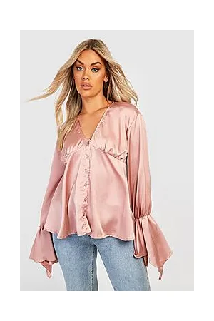 Boohoo Plus Satin Button Through Flare Sleeve Blouse
