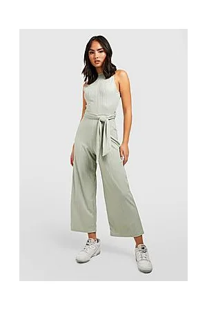 Boohoo Crinkle Rib Belted Culotte Jumpsuit