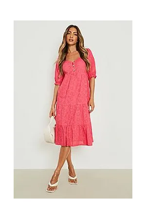 Boohoo Tiered Broderie Button Down Midi Dress