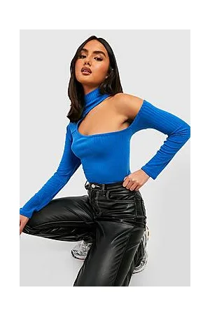 Boohoo Soft Rib Knit Cut Out Shoulder High Neck Bodysuit