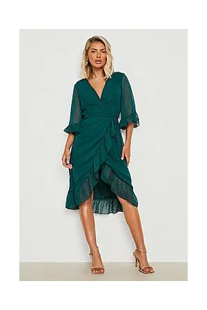 Boohoo Dobby Chiffon Wide Sleeve Midi Wrap Dress