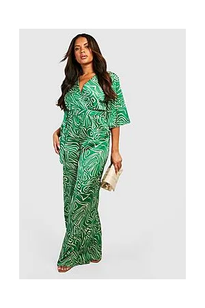 Boohoo Plus Abstract Print Belted Wide Leg Jumpsuit