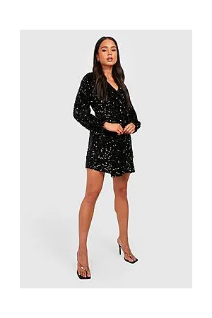 Boohoo Petite Velvet Sequin Volume Sleeve Wrap Dress