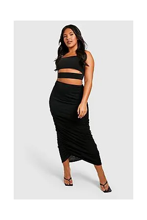 Boohoo Plus Acetate Slinky Ruched Midi Skirt