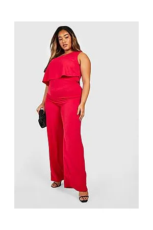 Boohoo Plus One Shoulder Ruffle Wide Leg Jumpsuit