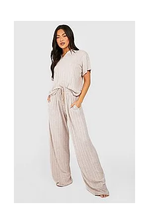 Boohoo Collared Wide Marl Ribbed Loungewear Set