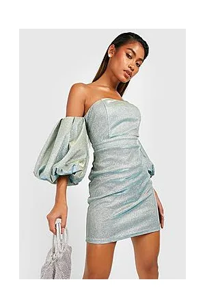 Boohoo Glitter Puff Sleeve Off The Shoulder Party Dress