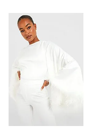 Boohoo Tall Feather Trim Wide Sleeve Satin Bodysuit