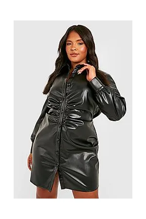 Boohoo Plus Faux PU Leather Ruched Shirt Dress