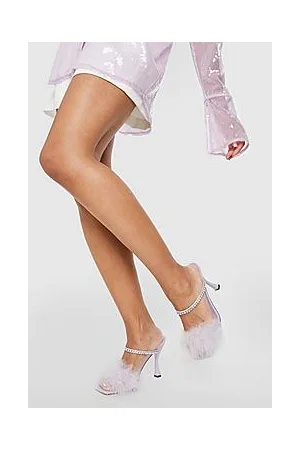 Boohoo Diamante Feather Trim Heeled Mule