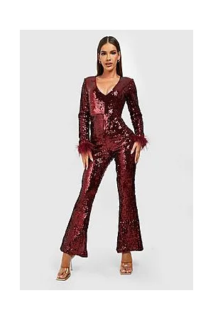 Boohoo Feather Cuff Flared Jumpsuit