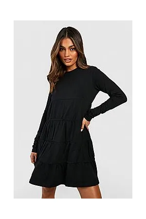 Boohoo Long Sleeve Crew Neck Tiered Smock Dress