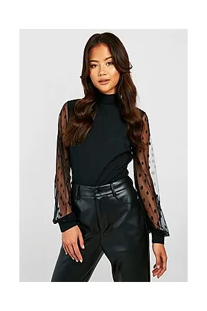 Boohoo Polka Dot Mesh Sleeve High Neck Bodysuit