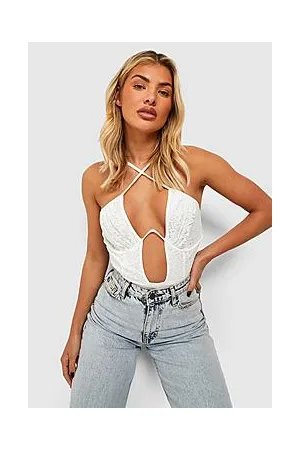 Boohoo Cross Strap Underwired Lace Corset Bodysuit