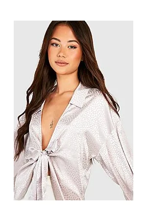 Boohoo Animal Jacquard Satin Tie Detail Blazer Shirt