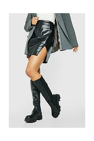 Boohoo Knee High Chunky Sole Panel Detail Chelsea Boots