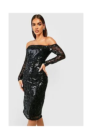 Boohoo Sequin Damask Bardot Midi Party Dress