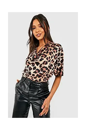 Boohoo Leopard Satin Cowl Neck Short Sleeve Blouse