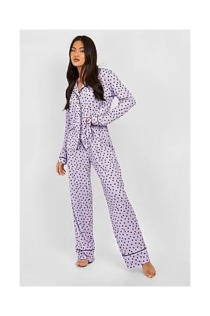 Boohoo Heart Print Jersey Button Up Pyjama Trouser Set