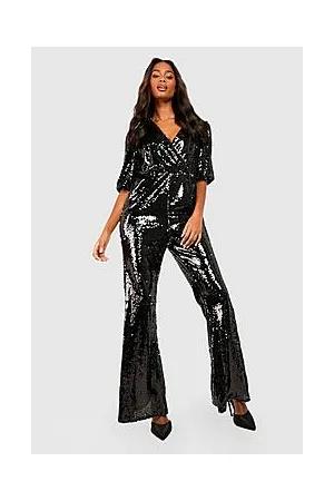 Boohoo Sequin Puff Sleeve Flare Leg Jumpsuit