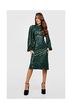 Boohoo Sequin Blouson Sleeve Midi Party Dress