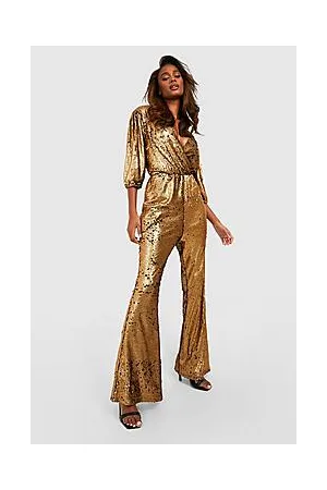 Boohoo Sequin Puff Sleeve Flare Leg Jumpsuit